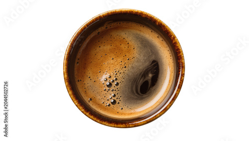 Bilde på lerret Top view of dark espresso coffee with crema in a brown ceramic cup