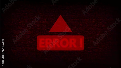 Red digital error warning sign with glitch static effect and flashing alert symbol
