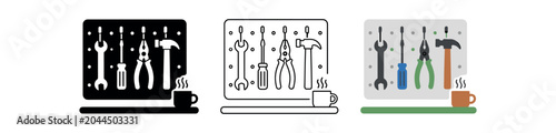 Toolboard icon set. Pegboard, tools, wrench, pliers, hammer, workshop and maintenance. Line, flat and colored vector icon set.