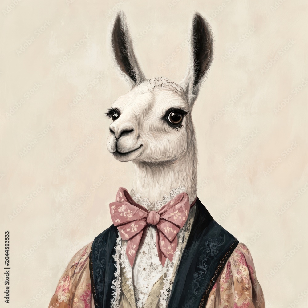 Naklejka premium Llama costumes wearing victorian fashion outfit animal human illustration.