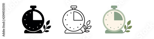 Stopwatch icon set. Timer, clock, time management, countdown, pace, fitness, leaf accent. Line, flat and colored vector icon set.