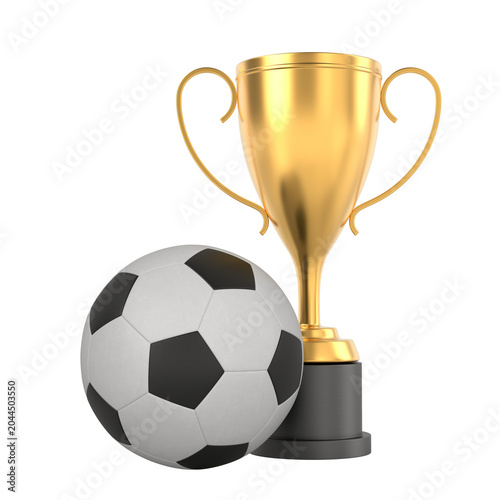 Gold champion cup soccer ball and on white background. Isolated 3D illustration