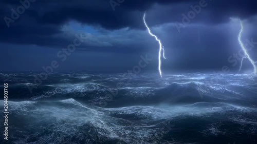 Dramatic lightning strikes over turbulent ocean waves during a stormy night. Captures the raw power of nature and the unpredictability of weather
