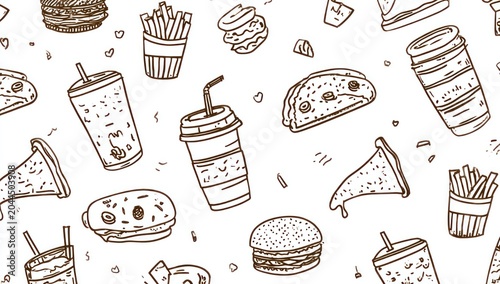 Fast food pattern with burgers, fries, pizza, and drinks.