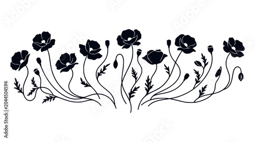 Bild auf Leinwand Poppy Flower Silhouette Border Design