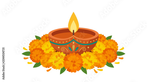 Vibrant Clay Diya Oil Lamp with a Glowing Flame, Beautifully Decorated with Intricate Patterns and Surrounded by Bright Orange Marigold Flowers