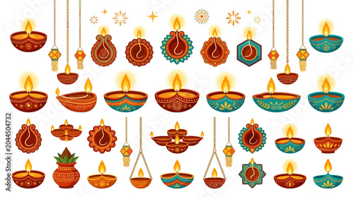Vibrant collection of traditional Indian clay diya lamps with warm, glowing flames, perfect for cultural celebrations and festive occasions like Diwali. 