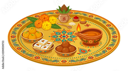 Vibrant Traditional Indian Puja Thali with Auspicious Offerings, Delicious Sweets, and a Glowing Diya Lamp for Hindu Festival Celebrations, Detailed Vector Artwork