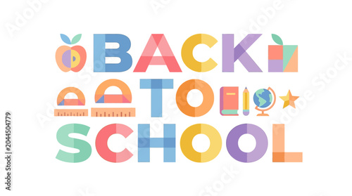 Foto Colorful back to school text illustration with educational supplies for children