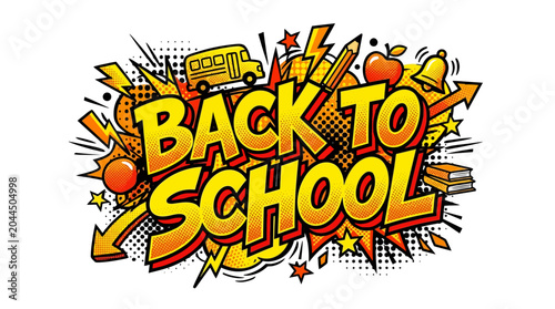 Foto Vibrant 'Back to School' comic pop art illustration featuring playful doodles of