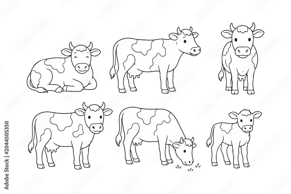 Obraz premium Line art illustration of cows in various poses and positions on white background