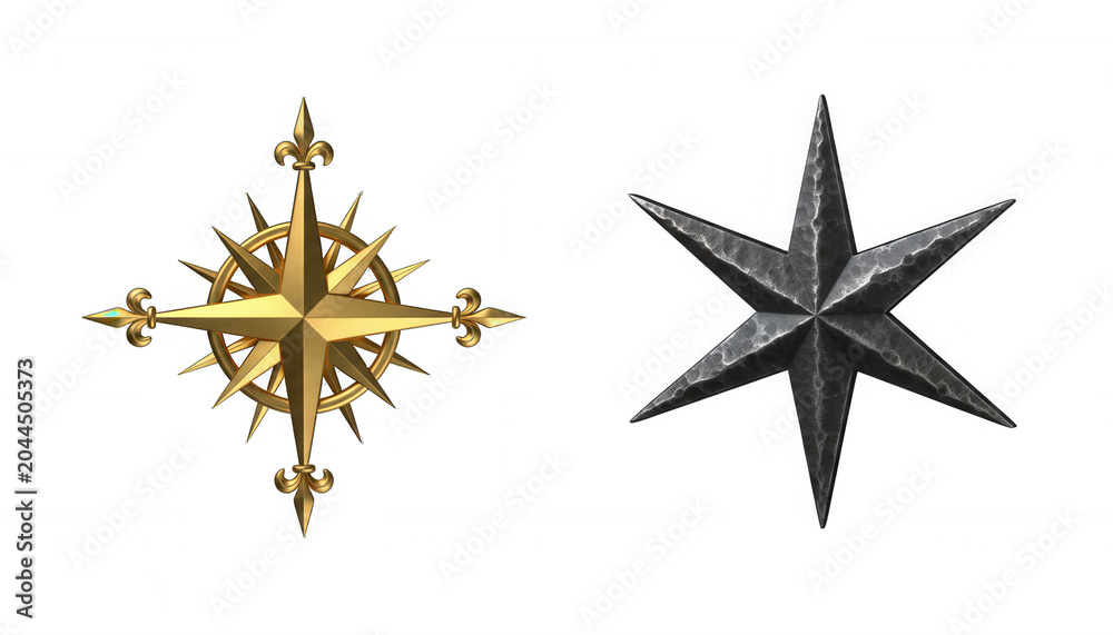 Obraz premium Golden Nautical Compass Rose and Dark Hammered Metal Star