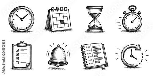 Time management sketch icon collection in black. Set of clock, calendar, hourglass, stopwatch, checklist, reminder, planner and schedule icons in doodle style