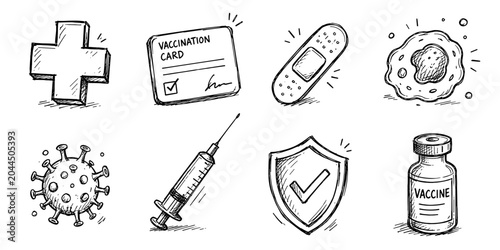 Vaccination sketch icon collection in black. Set of medical cross, vaccination card, bandage, immunity cell, virus, syringe, protection shield and vaccine vial icons in doodle style