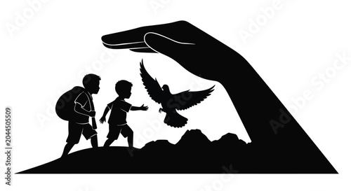 Silhouette of a hand protecting children and a dove 