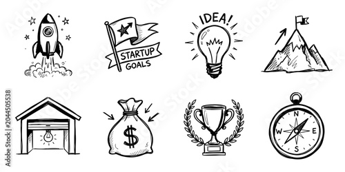 Startup success sketch icon collection in black. Set of rocket launch, startup goals, creative idea, mountain achievement, garage startup, investment funding, business award and strategic direction