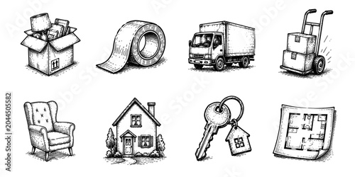Moving service sketch icon collection in black. Set of packing box, tape roll, delivery truck, hand trolley, armchair, house, keys and floor plan icons in doodle style