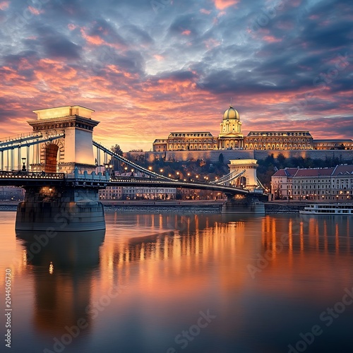 Chain bridge and buda castle at sunset budapest hungary