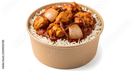Delicious Chicken Curry and Rice in Takeaway Bowl