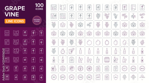 Bild auf Leinwand Grape Vine and Wine Production Line Icons Set 100 Vector Symbols for Viticulture