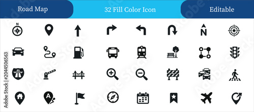 Road map icon set. Containing Compass, Location Pin, Up Arrow, Right Turn Arrow, Left Turn Arrow, U-Turn Arrow, North Direction, Target/Crosshair, Car, Route Path, Fuel Pump, Bus, Train, Park Bench