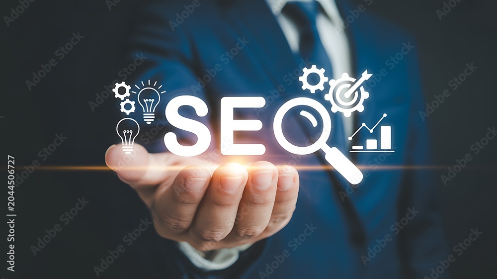 Obraz premium SEO concept with a professional using magnifying glass and icons representing search engine optimization success and growth