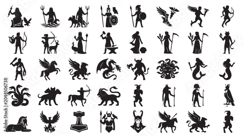 Ancient mythology icons set, 40 black silhouette vector illustrations of Greek and Roman gods, mythical creatures and legendary monsters