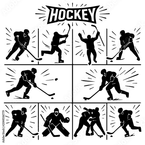 Photography Ice Hockey Player Action Silhouettes Set Vintage Comic Panel Vector Illustration