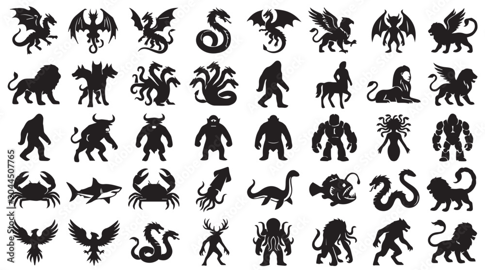 Fototapeta premium Mythical creatures and legendary monsters silhouette set, 40 fantasy beast icons, black folklore animal vectors for gaming and logo design