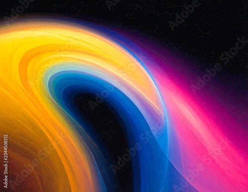 A vibrant, swirling abstract design with yellow, blue, and pink hues against a black background