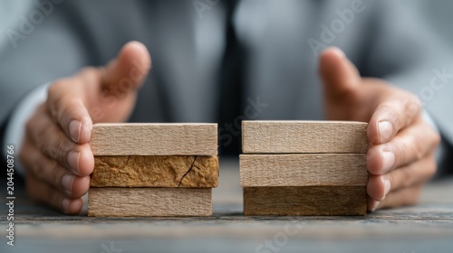 Hands protecting wooden blocks