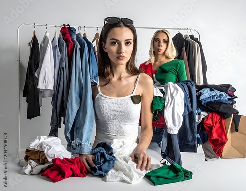 Two women sorting colorful clothing piles.