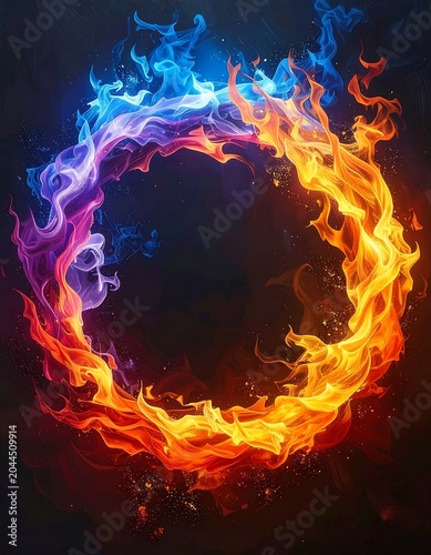A vibrant, swirling circle of multicolored flames