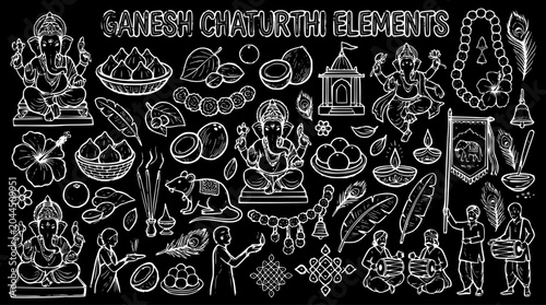Bild auf Leinwand Ganesh Chaturthi Hindu Festival Elements Black and White Line Art Vector Set