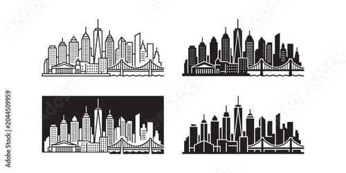 Set of New York City skyline silhouette vector illustrations.