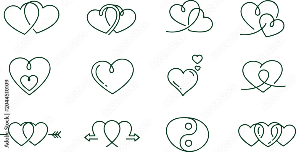 Fototapeta premium Set of intertwined hearts symbols and emblems in line art style representing love connection unity and relationship on transparent background.