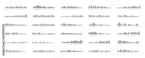 Black volume audio podcast sound waves. Audio sound wave. Waveforms frequency voice microphone signals. Music soundwaves tune equalizer vector set 