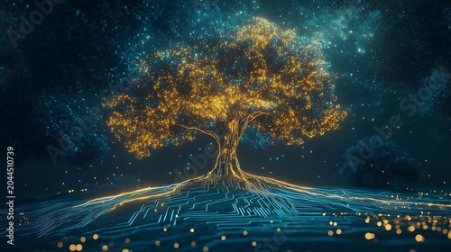 Digital tree of life with glowing roots and particle effects