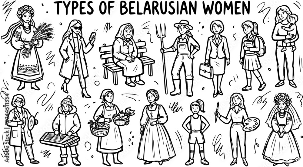 Obraz premium Belarusian Women Types Black and White Line Art: Hand-drawn Vector Illustration of Diverse People, Culture, Professions Lifestyles