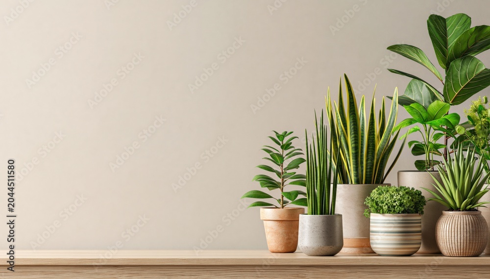 Fototapeta premium Collection of various potted indoor plants arranged on a wooden shelf against a neutral wall