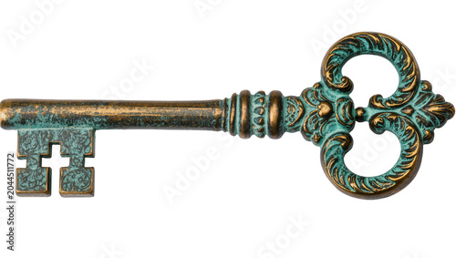 Foto Antique ornate brass key with verdigris patina