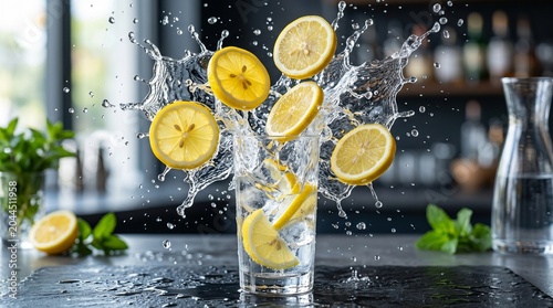 Dynamic Water Splash from Tumbler Glass Filled with Flying Lemon Slices and Ice