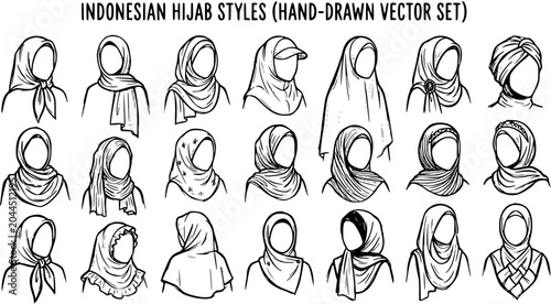 Tableau sur toile Indonesian Hijab Styles Hand-Drawn Vector Set, Muslim Women Headscarf Fashion