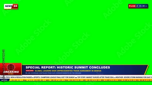 Breaking news broadcast graphic with green screen overlay and motion lower third elements for professional digital television media production clips