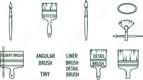 Quadro su tela Various types of artist paint brushes in green outline with labels on transparent background vector set