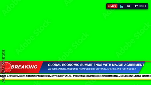 Breaking news broadcast lower third overlay with green screen background for professional video production and digital motion graphic media projects