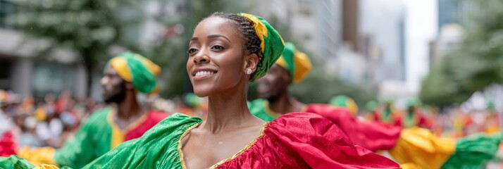Colorful juneteenth cultural celebration parade banner with dancers in red green and yellow costumes for festival poster and community event promotion