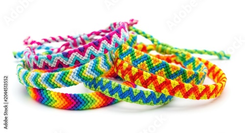 Vibrant handmade friendship bracelets woven with bright cotton threads are intertwined together against a clean and plain white background, colorful, gift, handmade