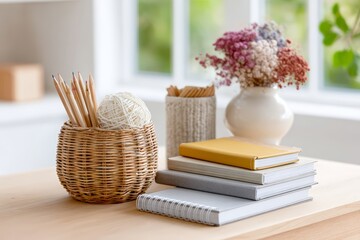 Classroom desk prepared for juneteenth activity with notebooks basket of pencils and yarn for classroom display and craft background