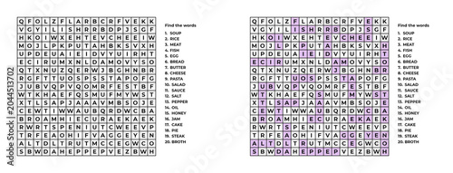 A fillword puzzle for adults and children displayed on two sheets  on the topic of Food